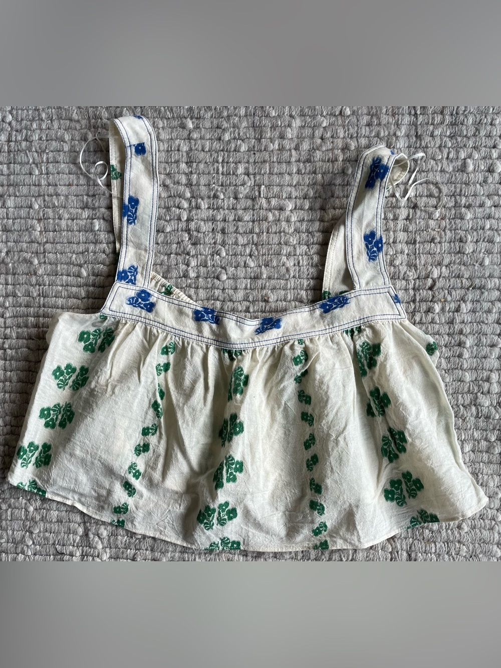Zara Women’s Cream Cotton Top with Blue & Green Print